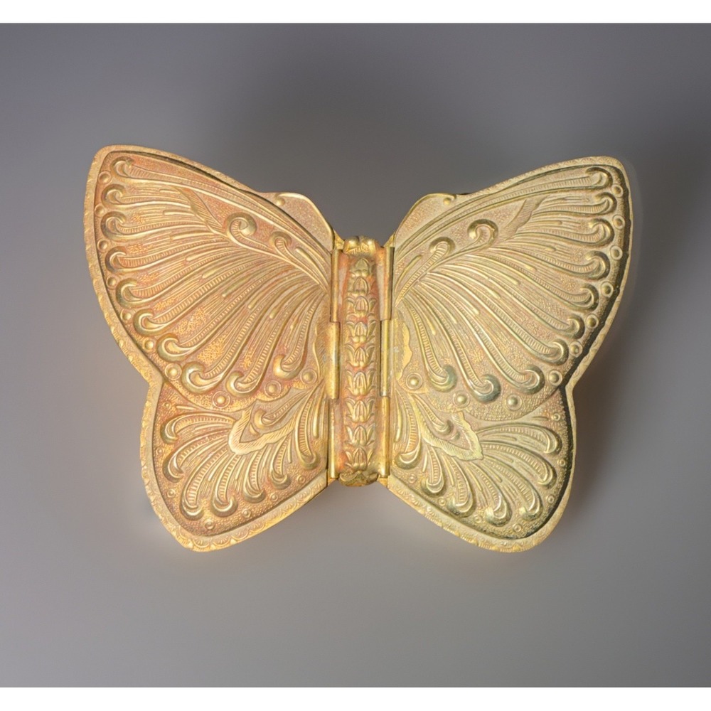 VTG Brass Butterfly Trinket Box Hinged Wings Red‎ Velvet Lining & Accents Floral